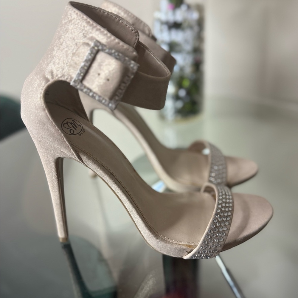 Tan open toe stiletto high heel shoes with rhinestones